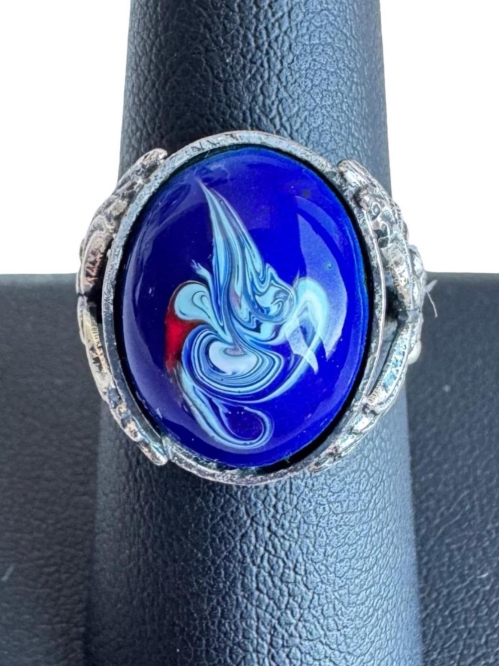 Vintage Japanese Cloisonne Enamel Ring Blue Silver Tone Adjustable Statement